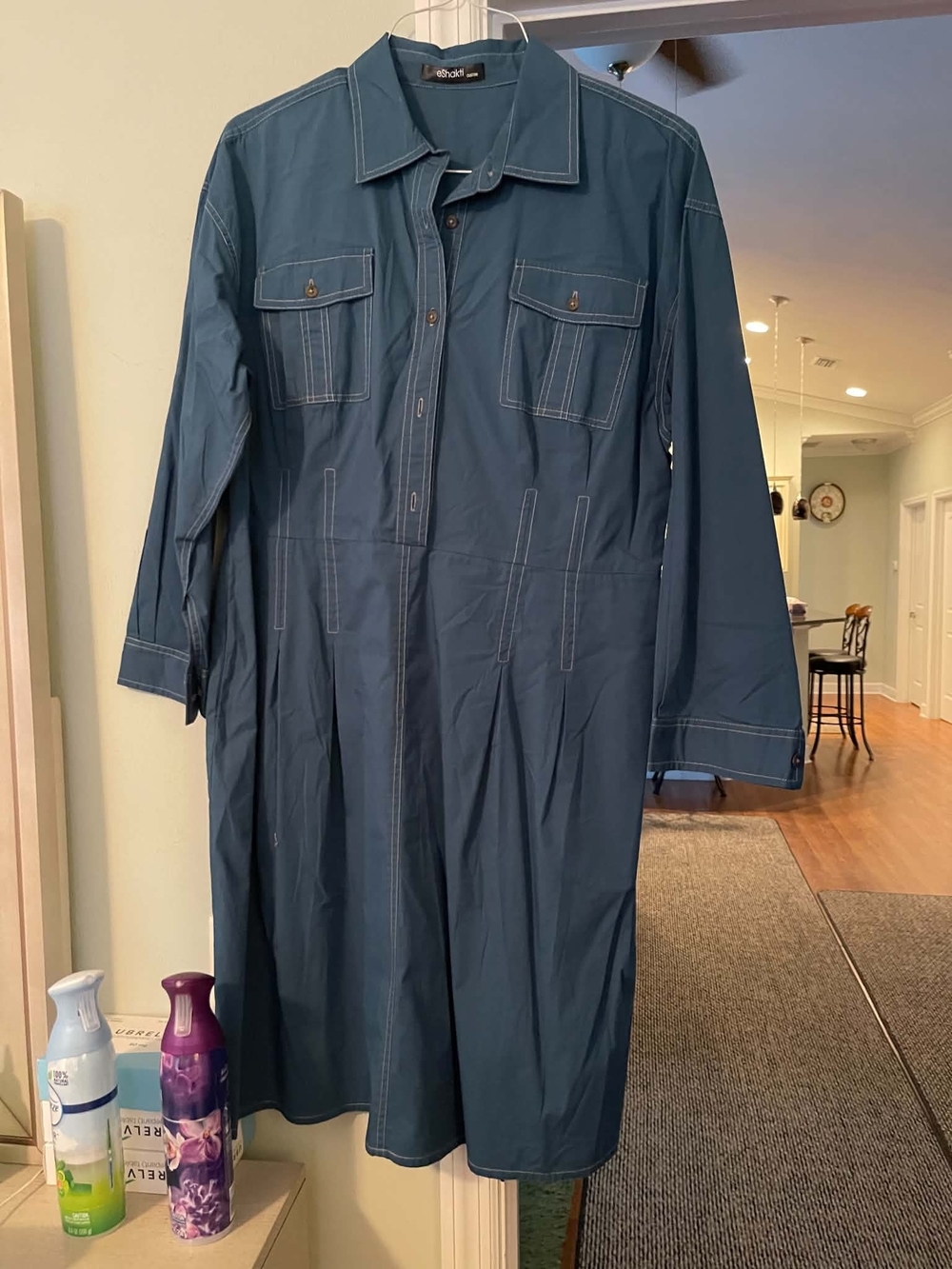 Blue Shirt Dress with Contrast Stitching